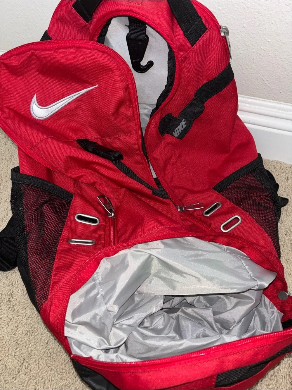 Nike Red and Black Men's Athletic Backpack with White Swoosh